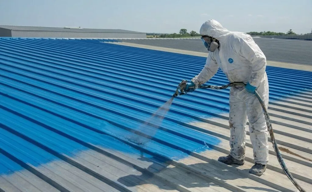 Polyurea spray coating waterproofing system applied on industrial roof for seamless protection in Faisalabad