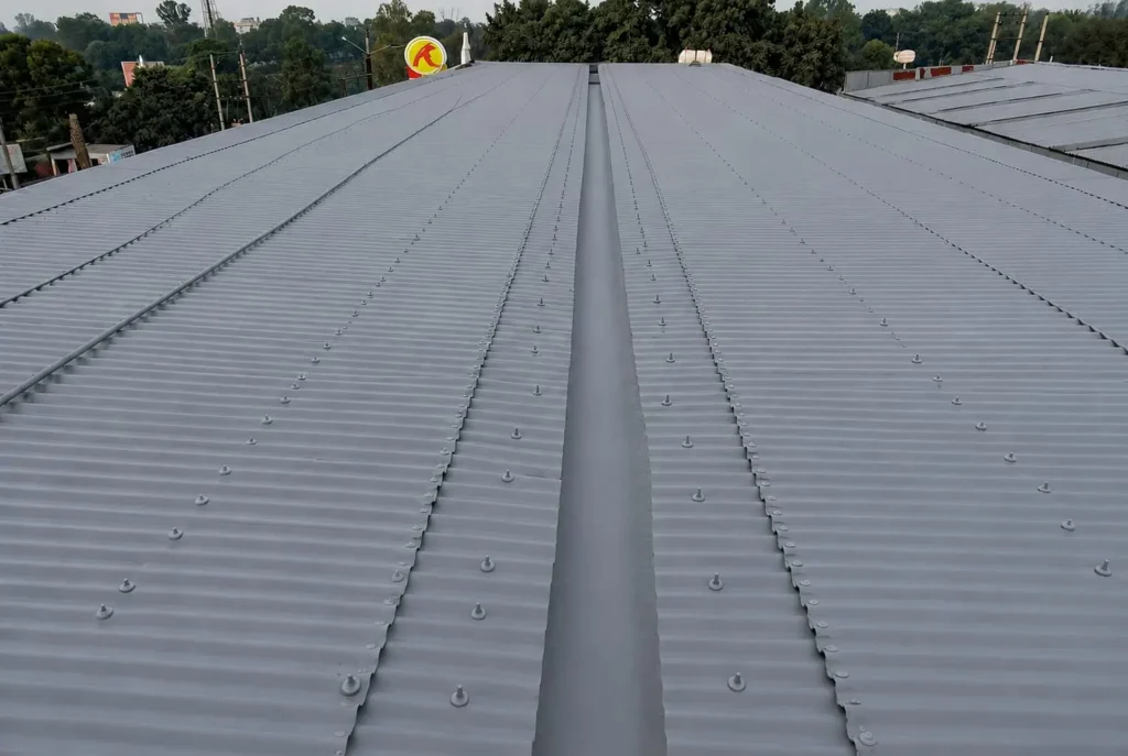 Industrial metal roof after polyurethane coating waterproofing installation