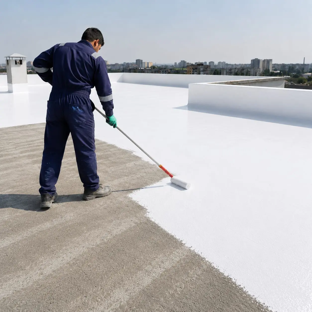 Technician applying polyurethane coating on a flat concrete roof