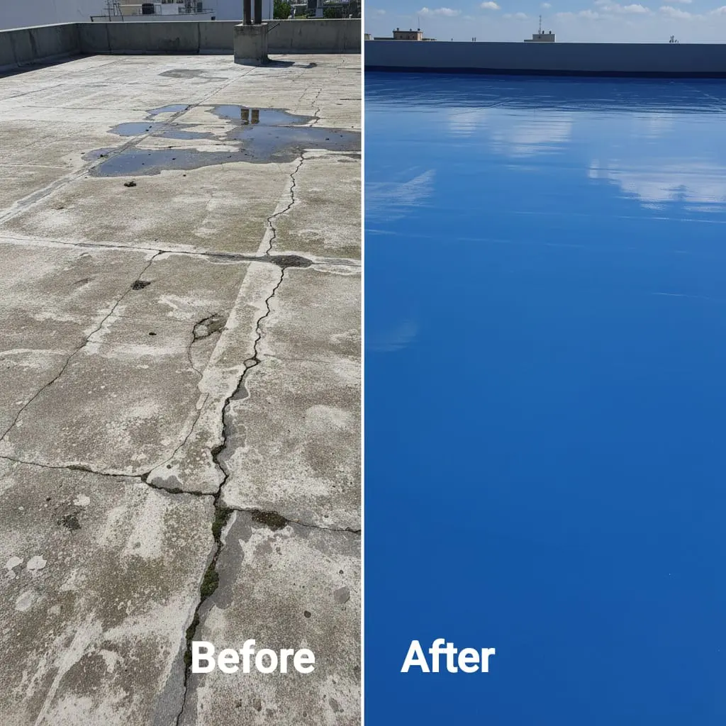 Before and after polyurethane roof coating project completed by Water Seal
