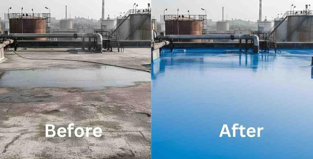 Before and after comparison of roof waterproofing work completed in Faisalabad