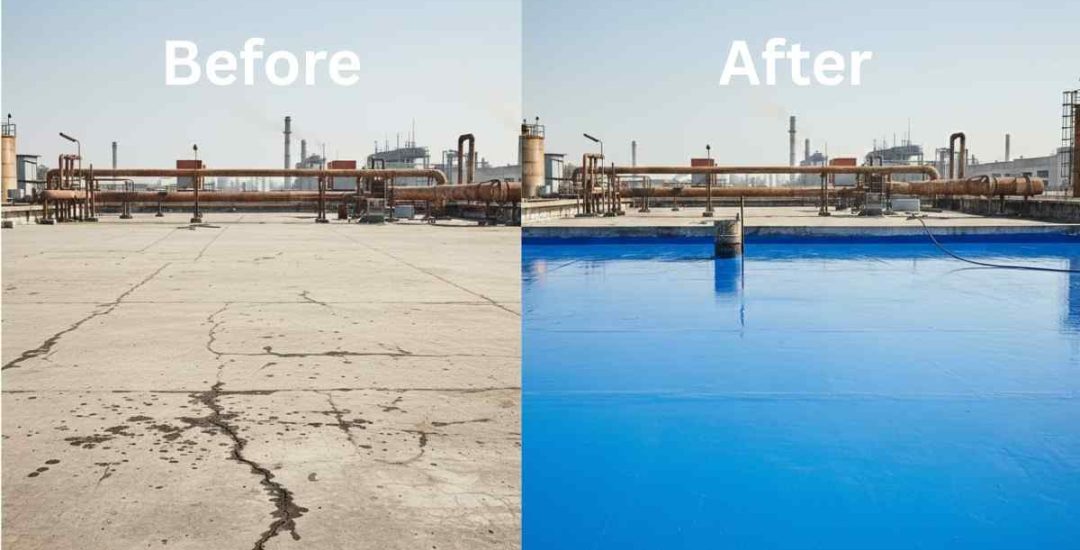 Before and after results of PU roof waterproofing in Lahore showing cracked roof fixed with a smooth, leak-proof coating